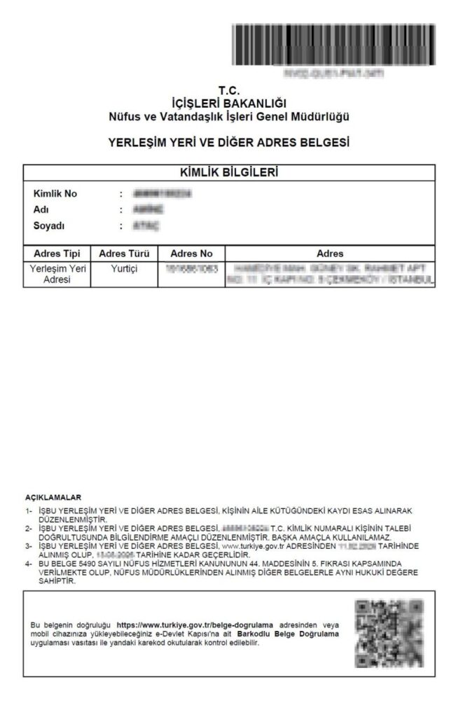 E-devlet Yerleşim Yeri Belgesi Örneği